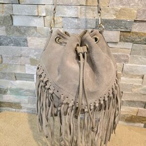 Gray Suede Fringe Bucket Bag